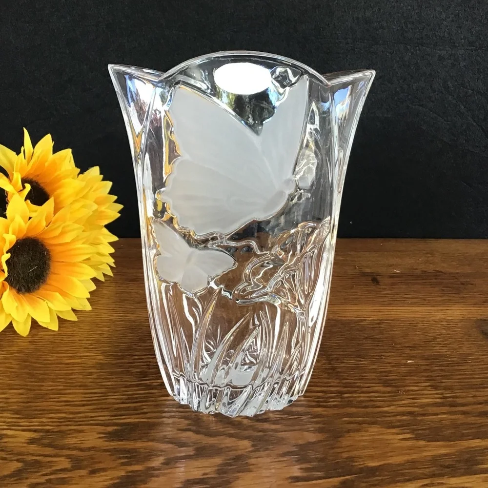 New Block Crystal Vase Butterfly Flowers Glass Hand Crafted Poland